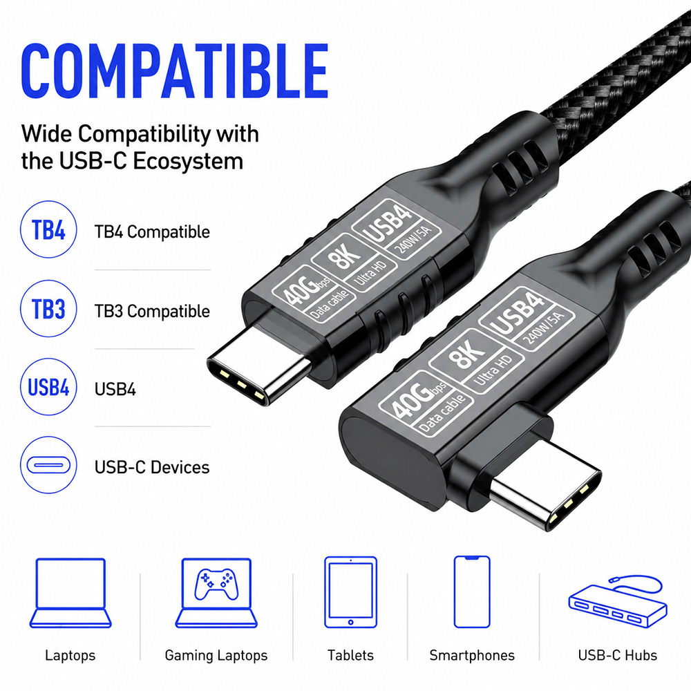 USB4 40Gbps right angle USB-C cable compatible with laptops, tablets, smartphones, monitors and docking stations