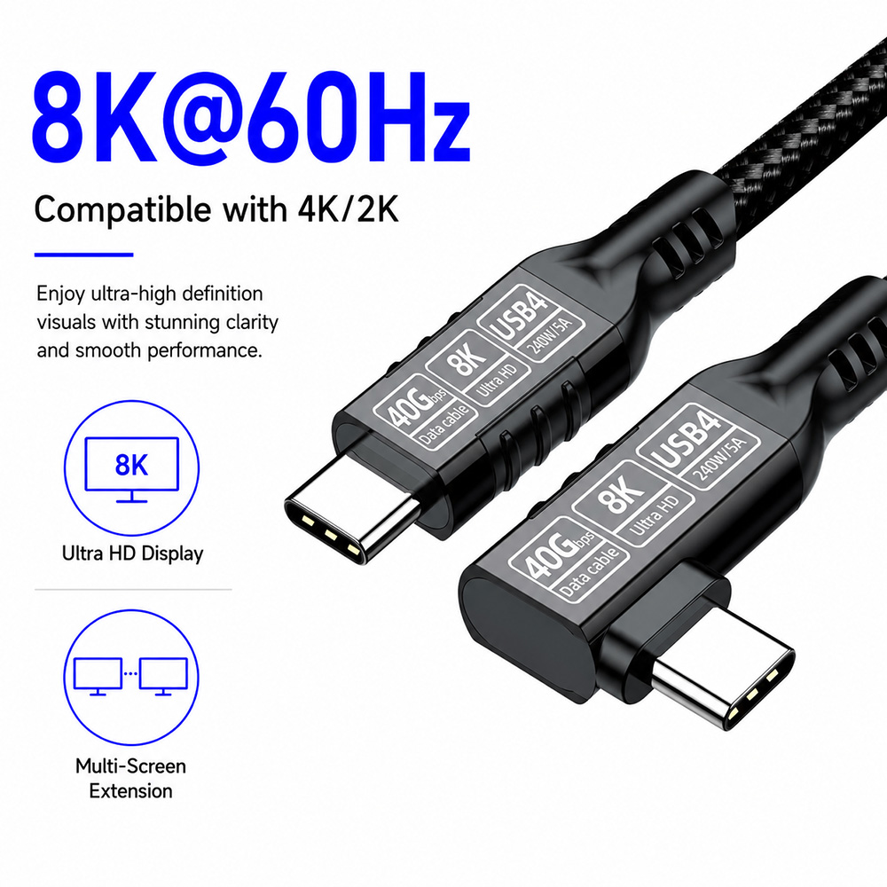 USB4 40Gbps right angle USB-C cable supporting 8K@60Hz video output for high-resolution monitors and displays
