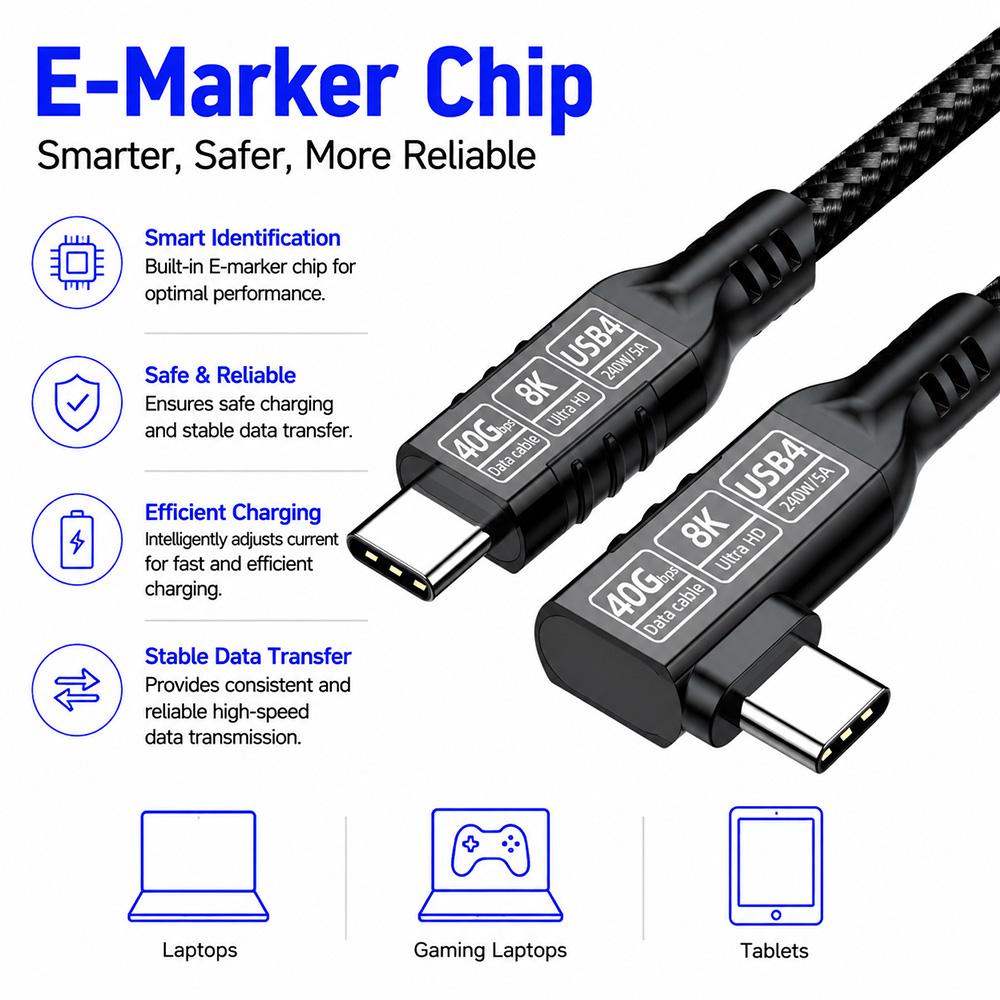 USB4 240W right angle USB-C cable with E-Marker chip for safe charging and stable power delivery