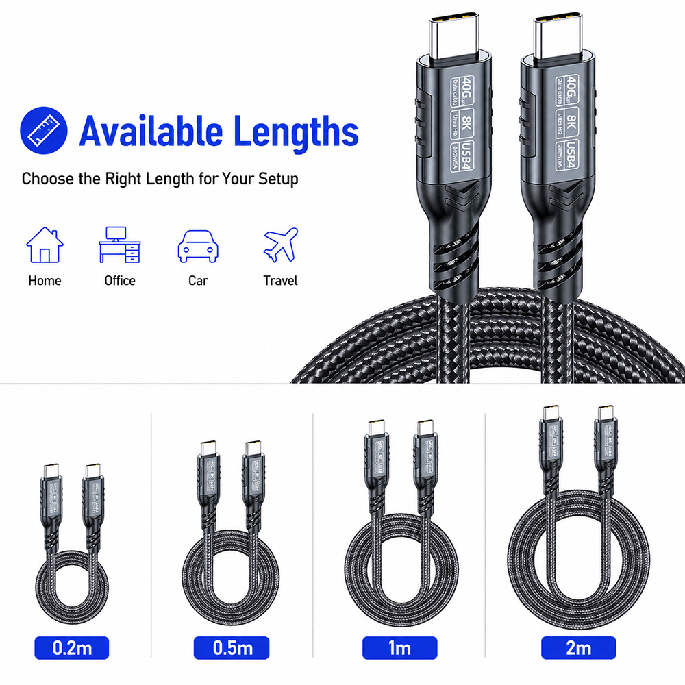 USB4 40Gbps 240W USB-C cable available in multiple length options for different setups