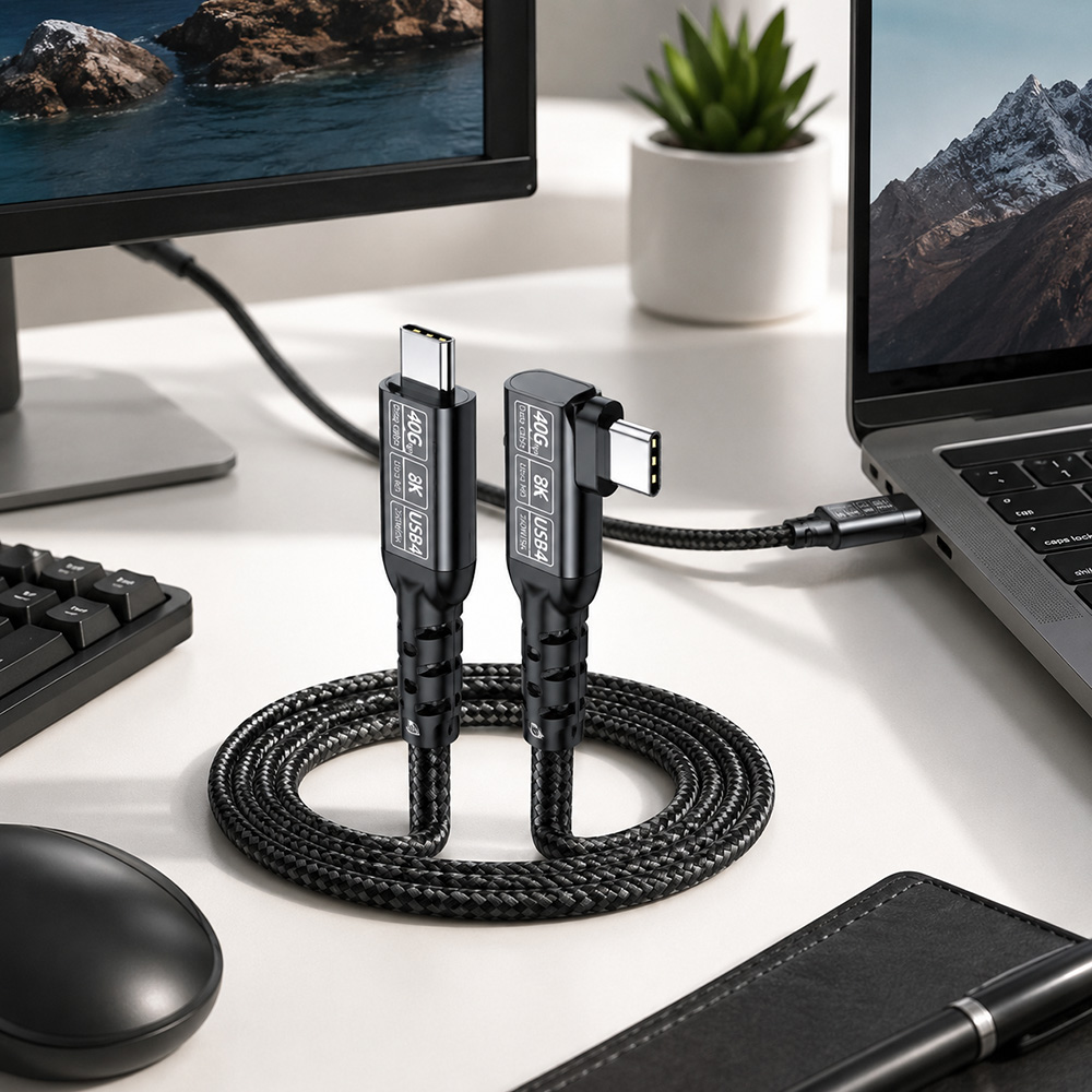 USB4 40Gbps right angle USB-C cable for laptop, monitor, desktop setup and docking station connection