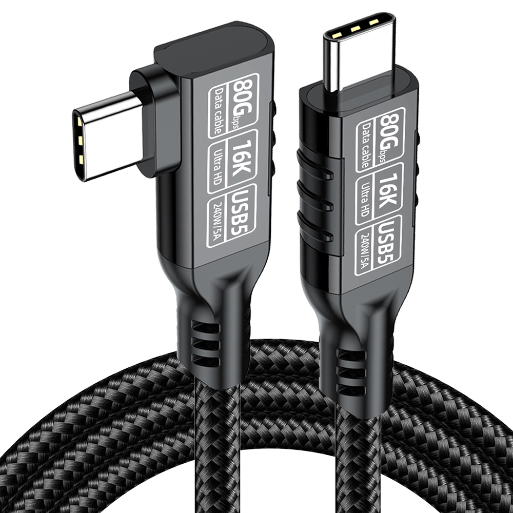 USB4 2.0 80Gbps 240W right angle USB-C cable with braided design for fast charging and high-speed data transfer