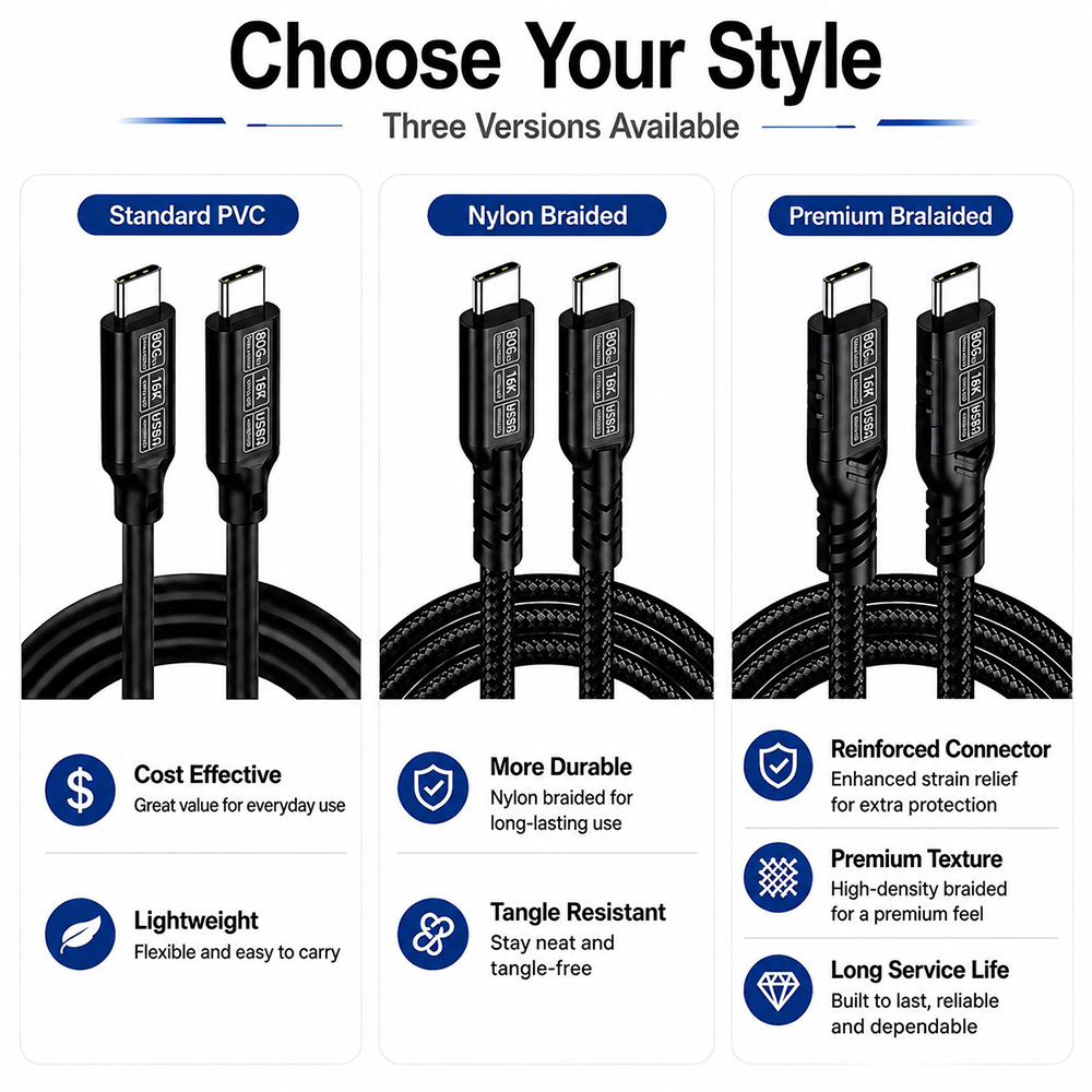 USB4 2.0 80Gbps cable style options with different connector and cable designs