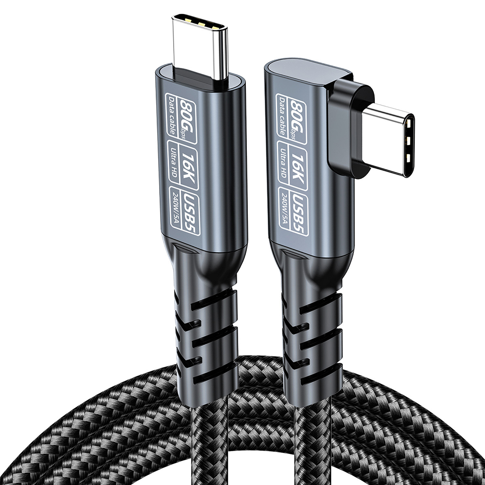 USB4 2.0 right angle USB-C cable product view with durable braided cable and angled connectors