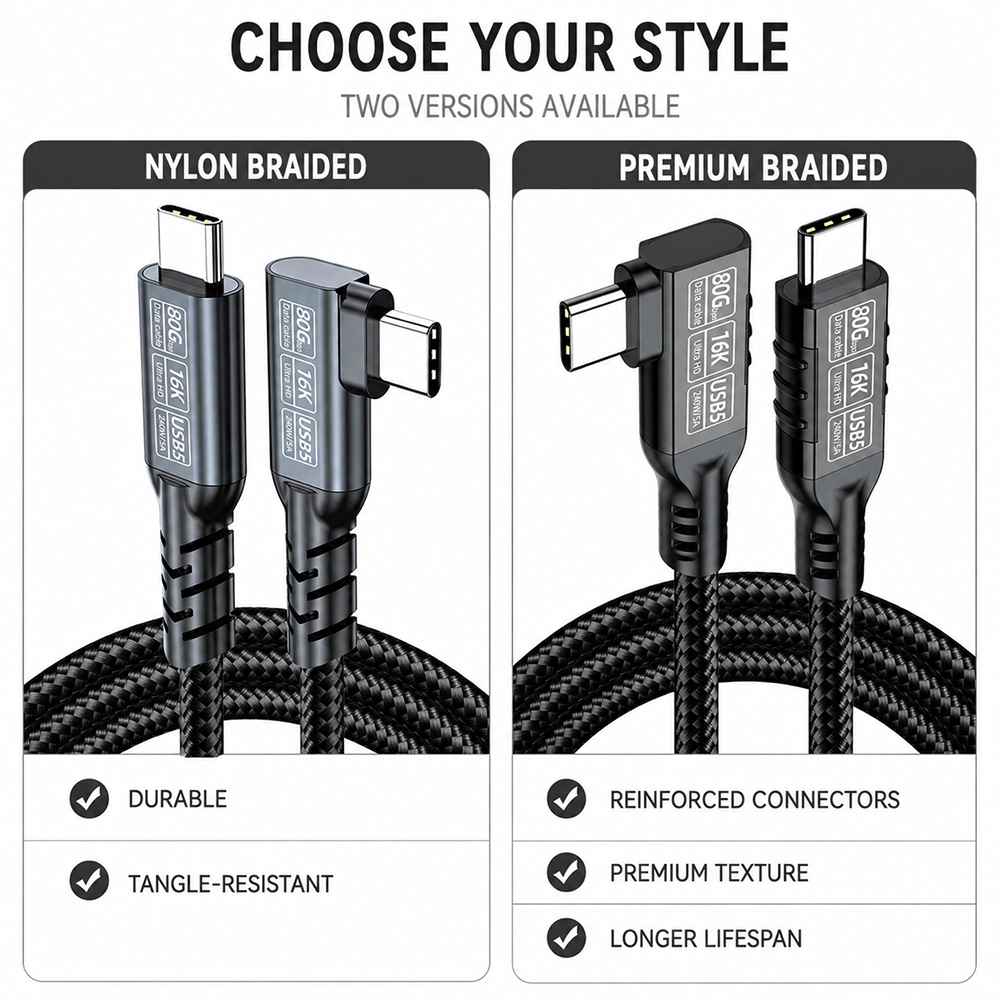 USB4 2.0 right angle USB-C cable available in standard PVC, nylon braided and premium braided styles