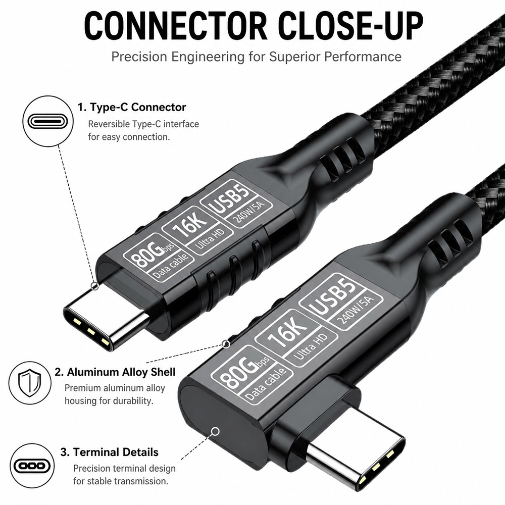 Close-up view of USB4 2.0 right angle USB-C connector with reinforced strain relief and durable housing