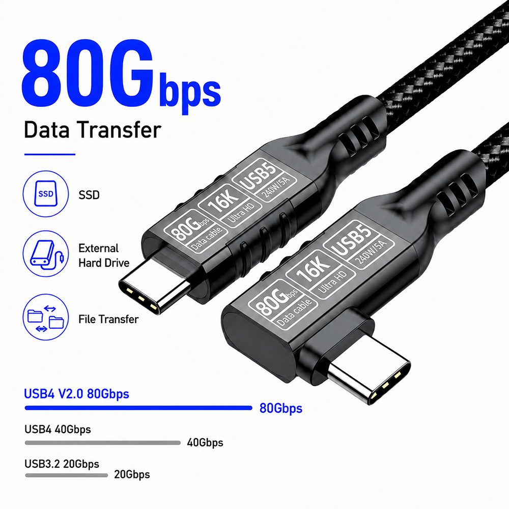 USB4 2.0 right angle USB-C cable supporting up to 80Gbps high-speed data transfer for SSDs and external devices