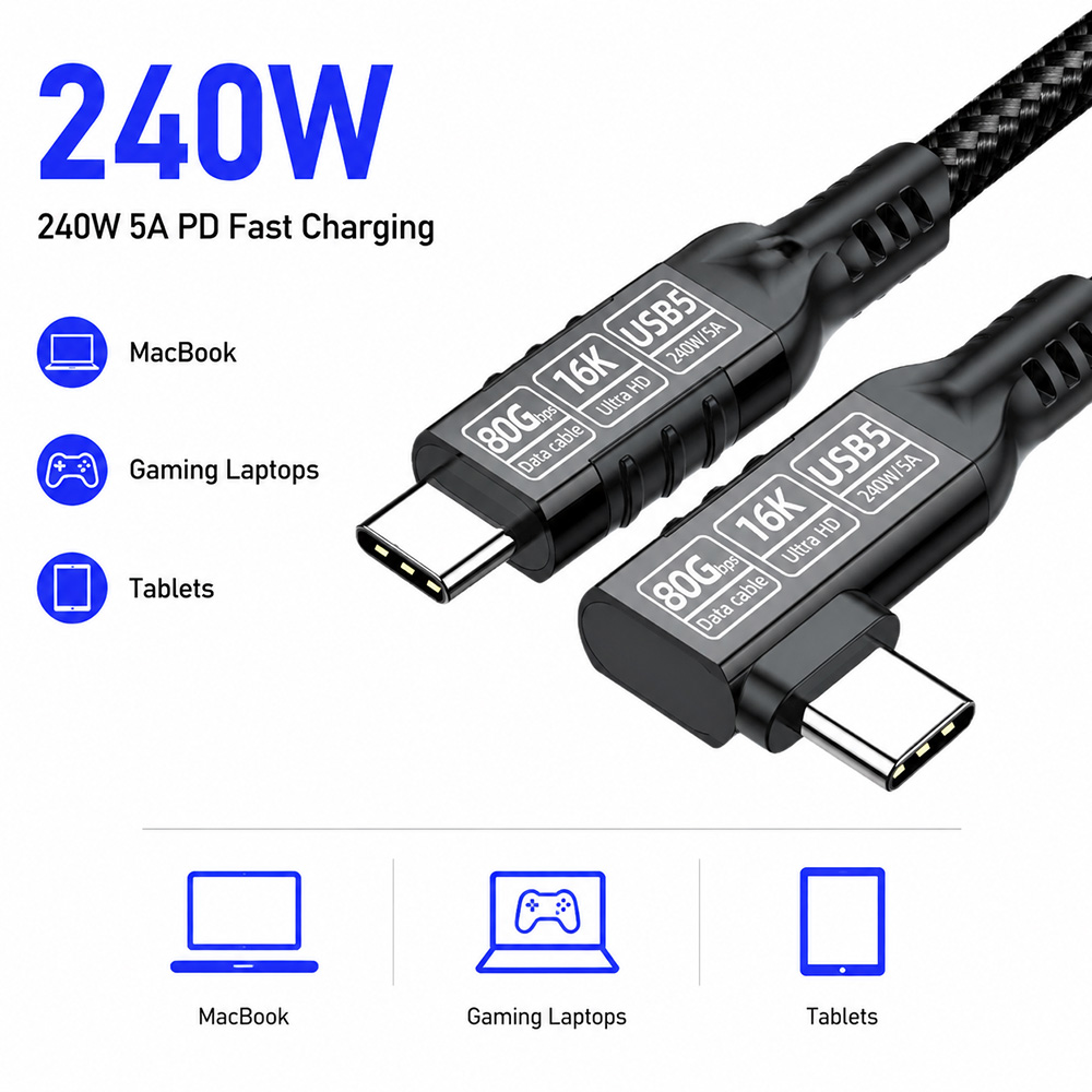 USB4 2.0 right angle USB-C cable supporting up to 240W fast charging for laptops, tablets and USB-C devices
