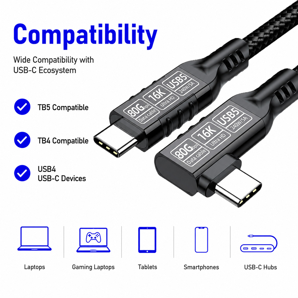 USB4 2.0 80Gbps right angle USB-C cable compatible with laptops, tablets, smartphones, monitors and docking stations