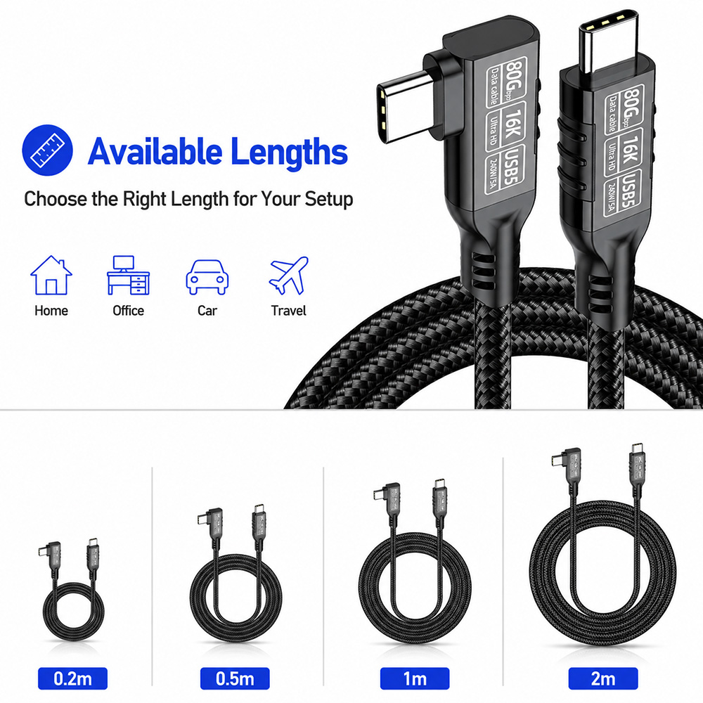 USB4 2.0 80Gbps right angle USB-C cable available in multiple length options for different setups