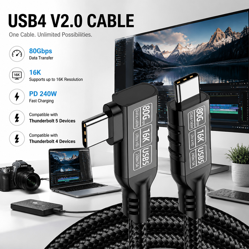 USB4 2.0 80Gbps 240W right angle USB-C cable for laptop, monitor and high-resolution display connection
