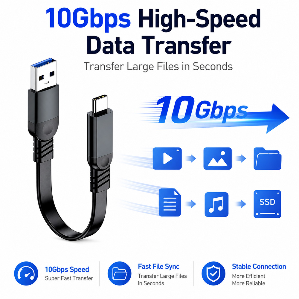 USB 3.2 flat cable with 10Gbps high-speed data transfer, supports SSD, video, photos, and file transfer