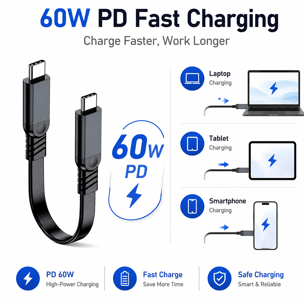 USB 3.2 flat cable supporting 60W PD fast charging for laptop, tablet, and smartphone, safe and stable