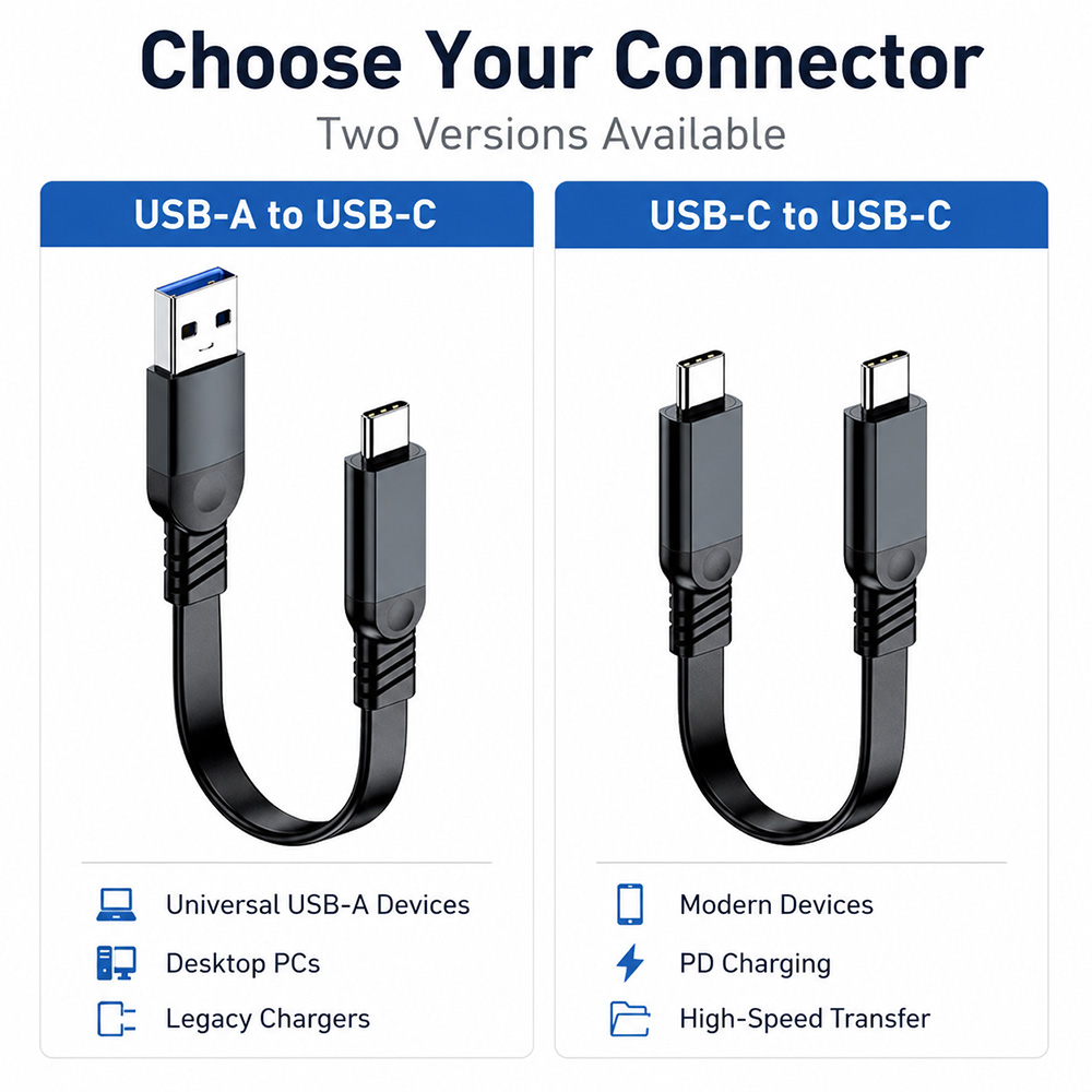 USB 3.2 cable with two connector options: USB-A to USB-C and USB-C to USB-C, compatible with modern and legacy devices