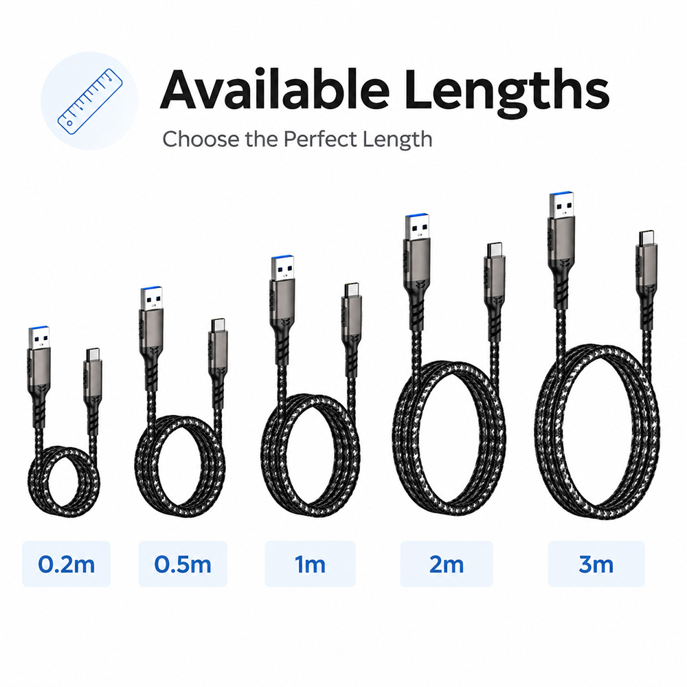 USB 3.2 Gen2 USB-A to USB-C Cable Available Lengths 0.2m 0.5m 1m 2m 3m