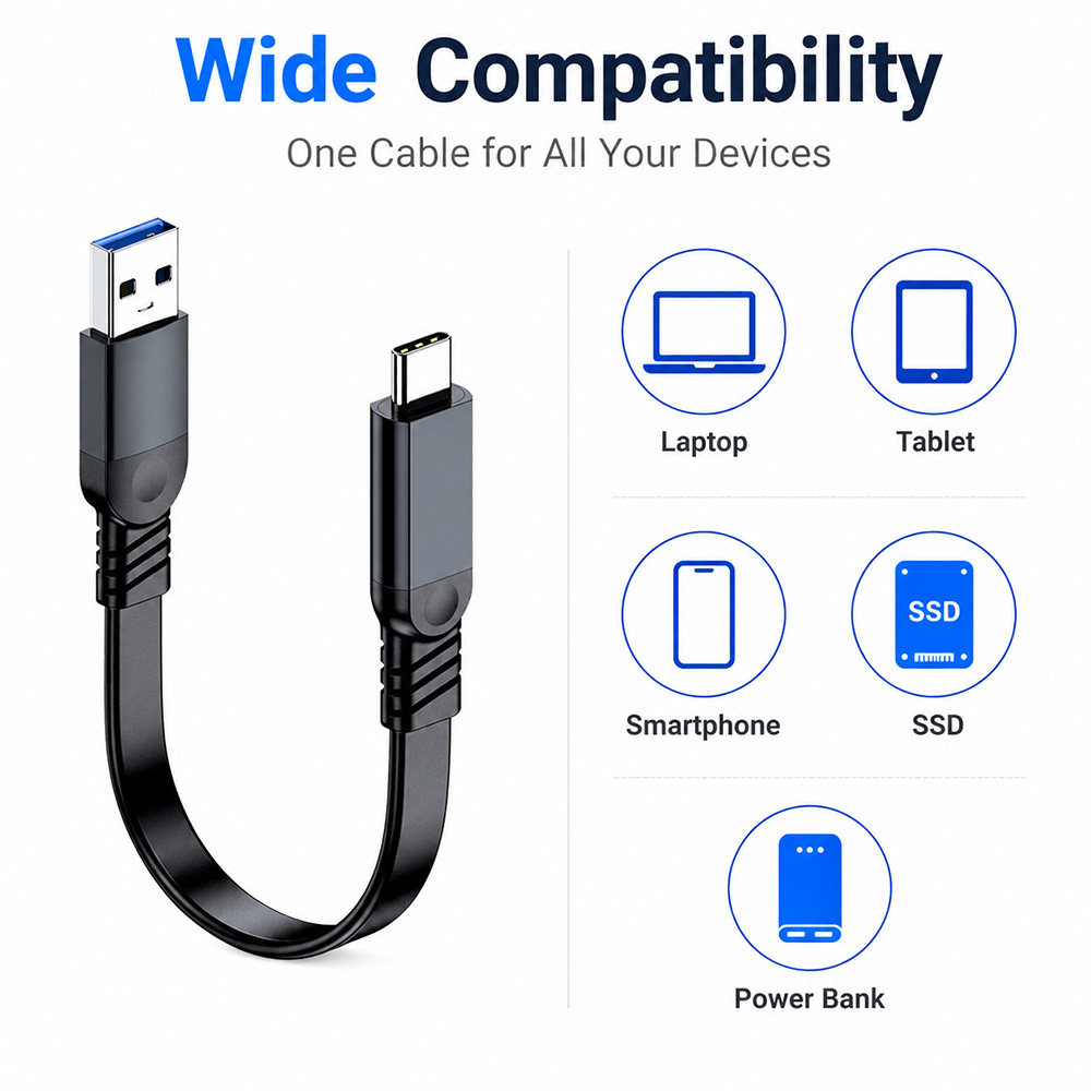 USB 3.2 flat cable compatible with laptops, tablets, smartphones, SSDs, and power banks, one cable for all devices