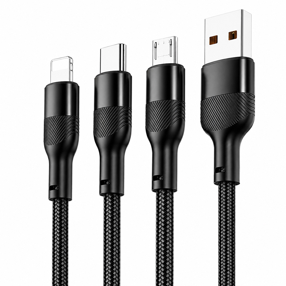 Black 3-in-1 USB-A charging cable with 8-Pin, Type-C and Micro USB connectors, 1.2 meters, durable nylon braided design