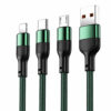Green 3-in-1 USB-A charging cable with 8-Pin, Type-C and Micro USB connectors, 1.2 meters, flexible and durable braided cable