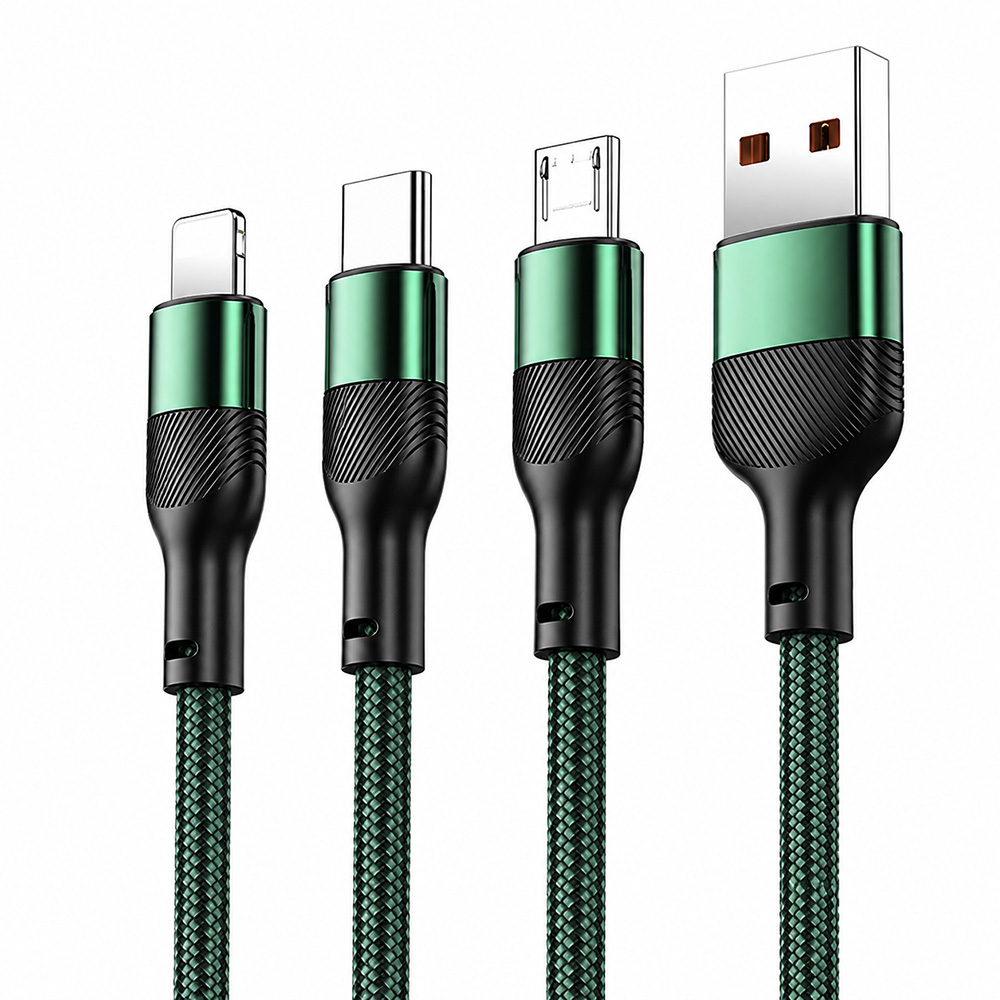 Green 3-in-1 USB-A charging cable with 8-Pin, Type-C and Micro USB connectors, 1.2 meters, flexible and durable braided cable