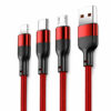 Red 3-in-1 USB-A charging cable with 8-Pin, Type-C and Micro USB connectors, 1.2 meters, premium nylon braided cable