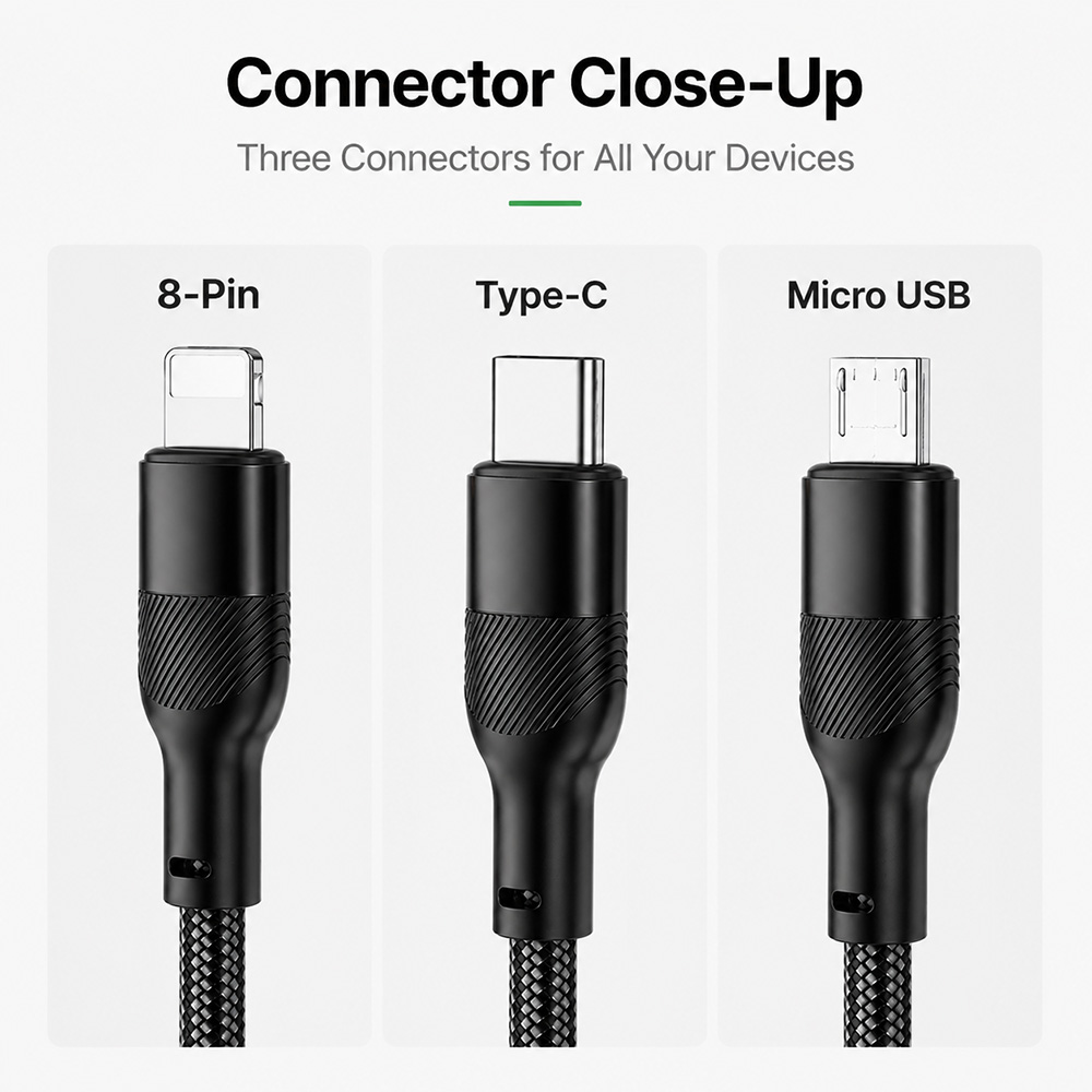 Close-up image of 3-in-1 USB-A charging cable showing 8-Pin, Type-C, and Micro USB connectors