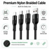 Premium nylon braided 3-in-1 USB-A charging cable with 8-Pin, Type-C and Micro USB connectors, tangle resistant and wear resistant