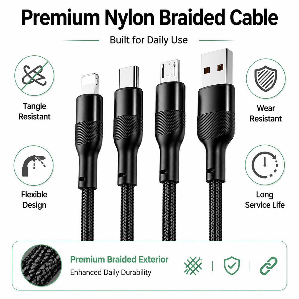 Premium nylon braided 3-in-1 USB-A charging cable with 8-Pin, Type-C and Micro USB connectors, tangle resistant and wear resistant