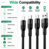 Wide compatibility infographic showing 3-in-1 USB-A charging cable supporting 8-Pin, Type-C, and Micro USB devices