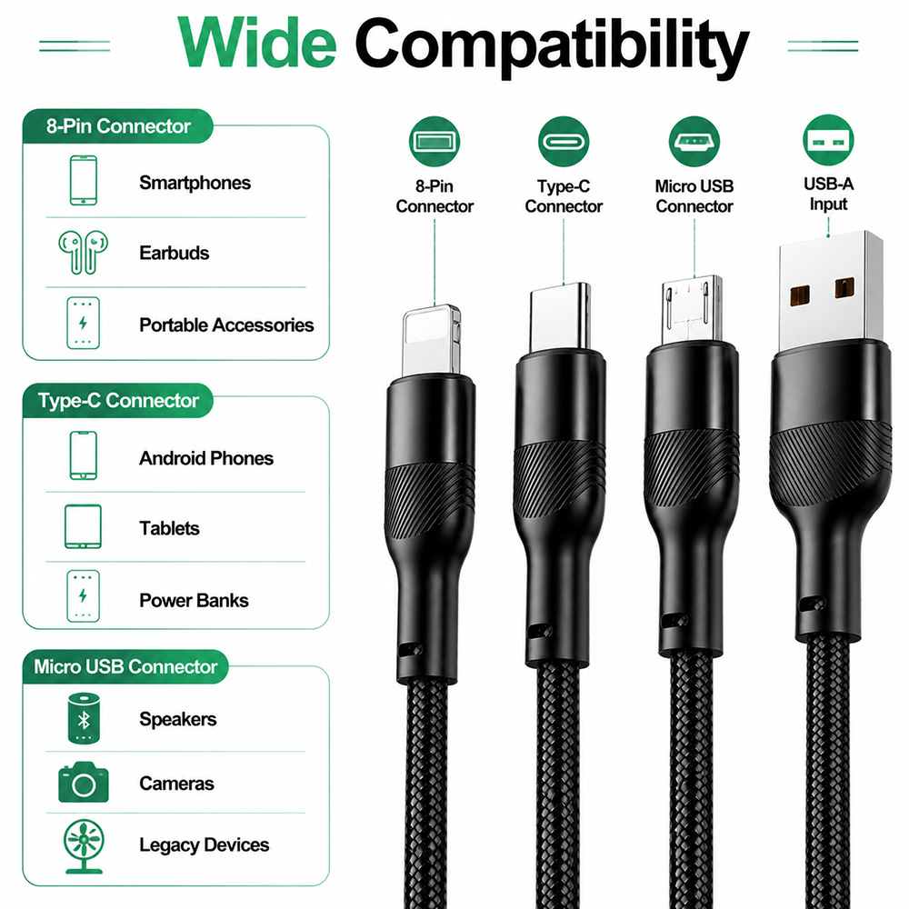 Wide compatibility infographic showing 3-in-1 USB-A charging cable supporting 8-Pin, Type-C, and Micro USB devices