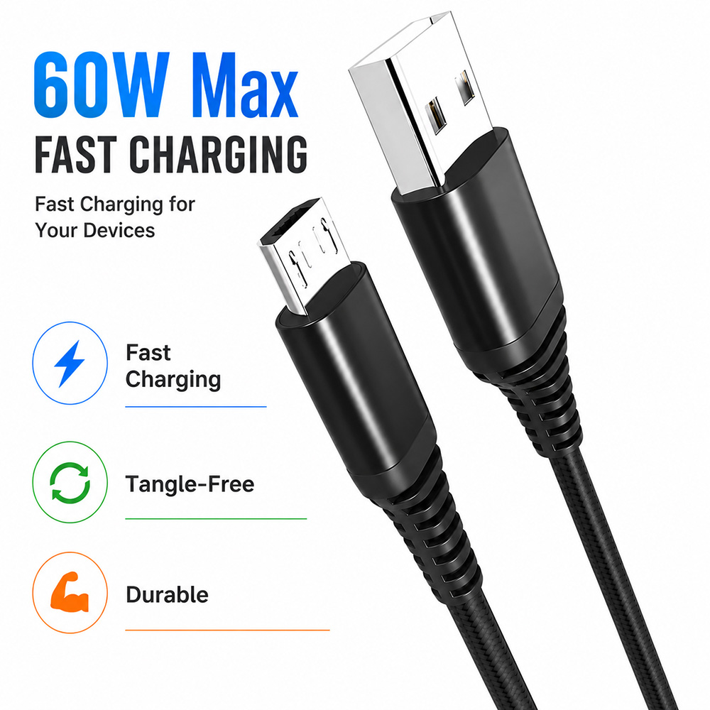 USB-A to Micro USB cable supporting up to 60W fast charging performance