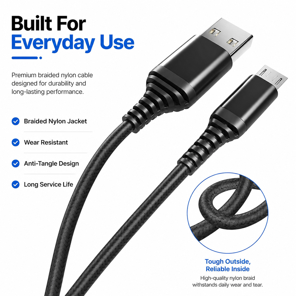 Braided Micro USB cable designed for durability anti-tangle performance and daily use