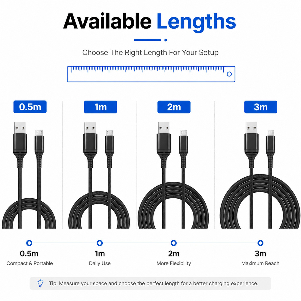 USB-A to Micro USB cable available in multiple length options from 0.5m to 3m