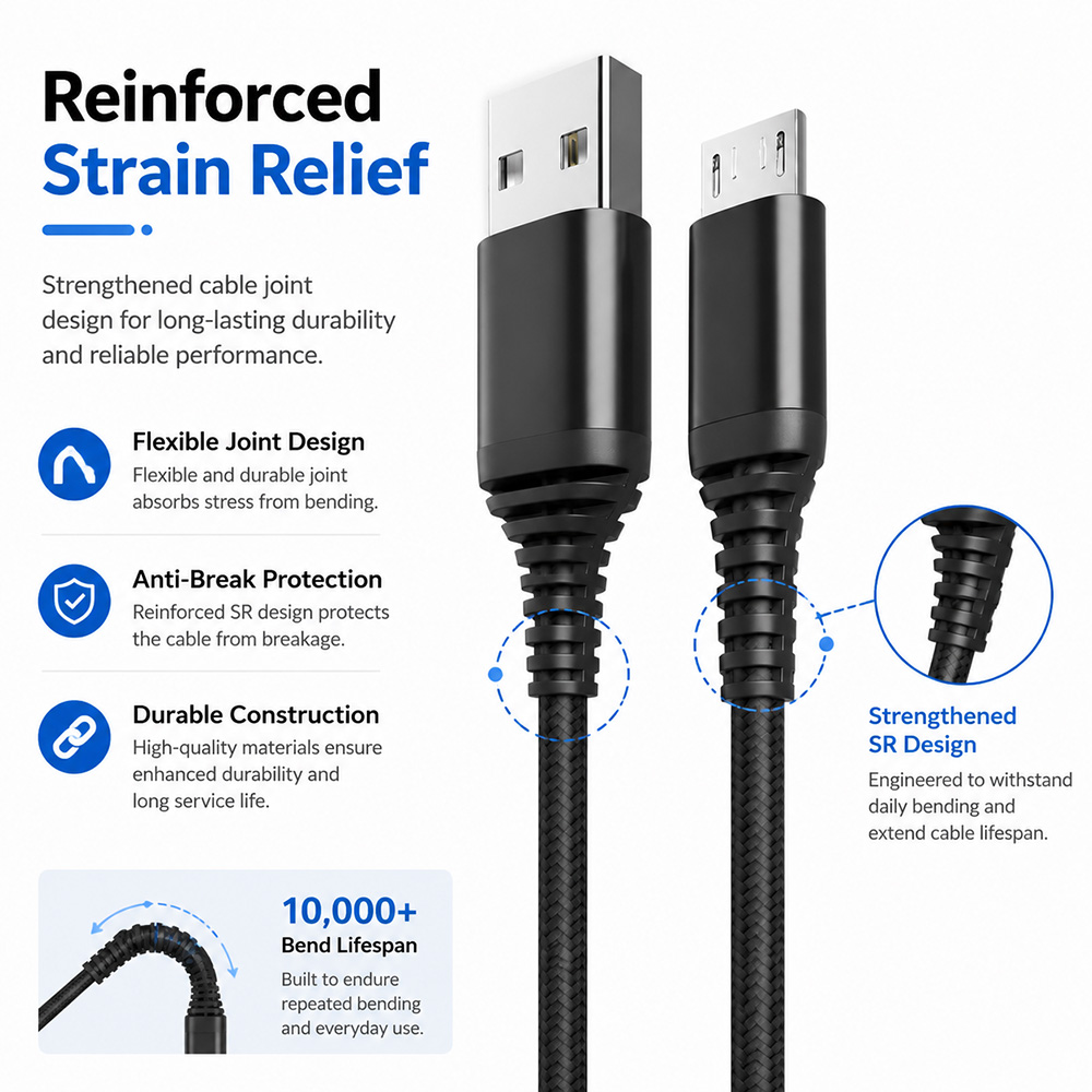 Reinforced strain relief design protects cable joints from bending and damage
