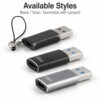 Available styles for 10Gbps USB-A to USB-C adapter including black, gray and gunmetal with lanyard