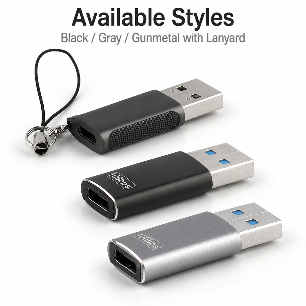 Available styles for 10Gbps USB-A to USB-C adapter including black, gray and gunmetal with lanyard