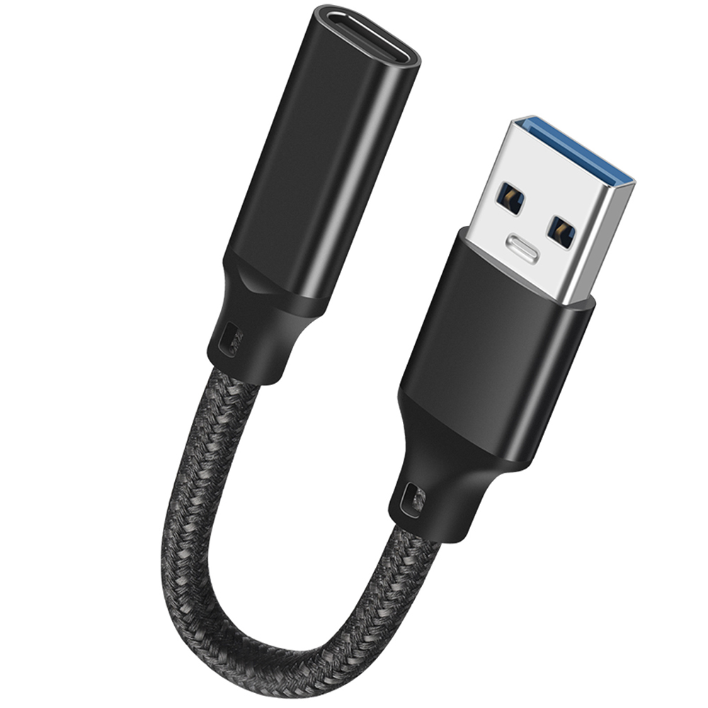 Black USB-A male to USB-C female adapter cable with braided 15cm short cable design