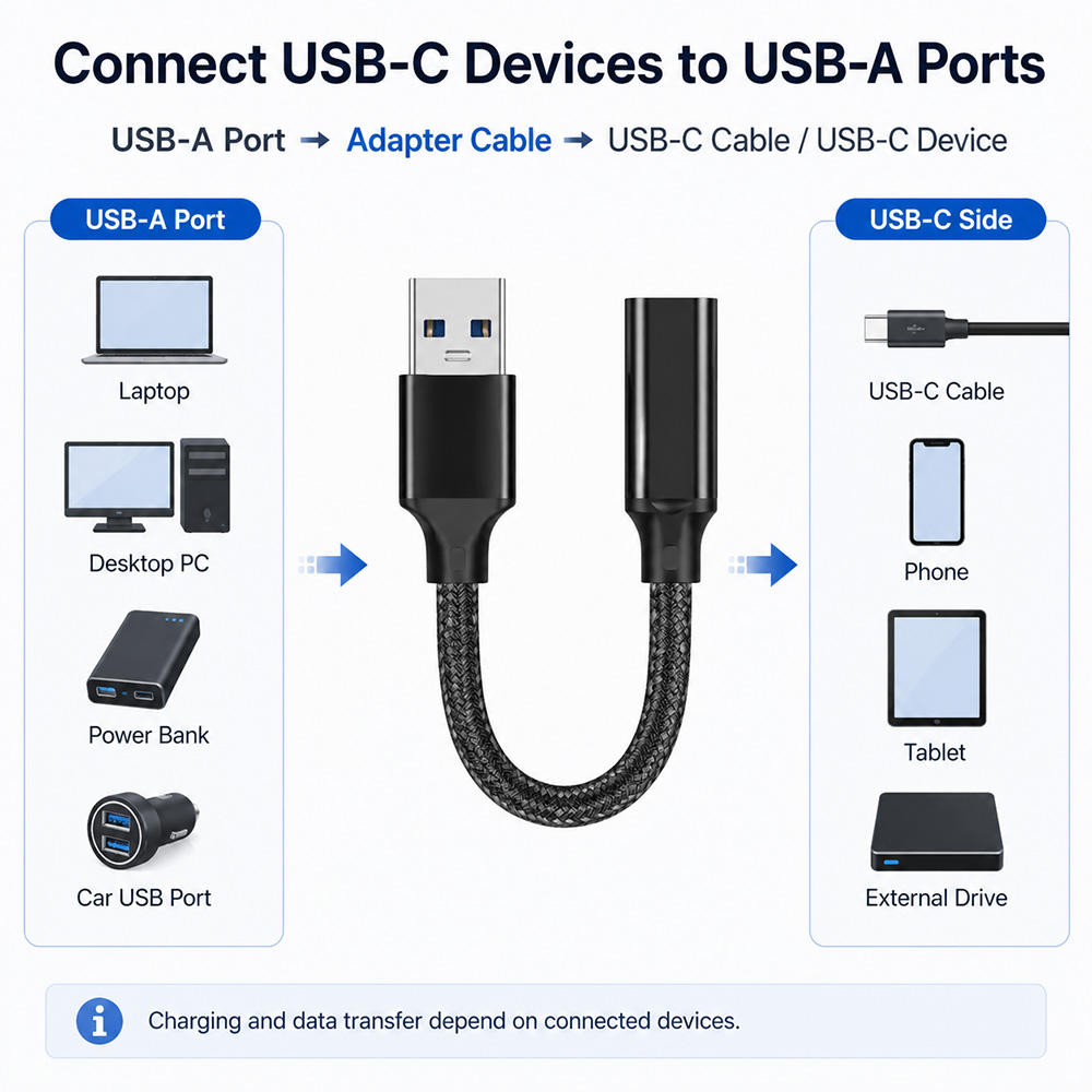 Application guide showing USB-A ports connecting to USB-C cables phones tablets and external drives through a USB-A to USB-C adapter cable