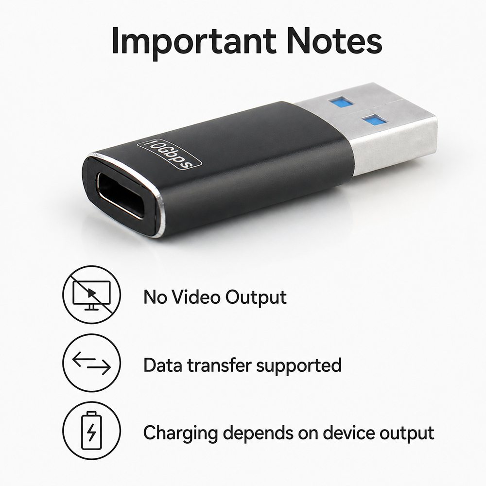 Important notes for USB-A to USB-C adapter with no video output and data transfer support