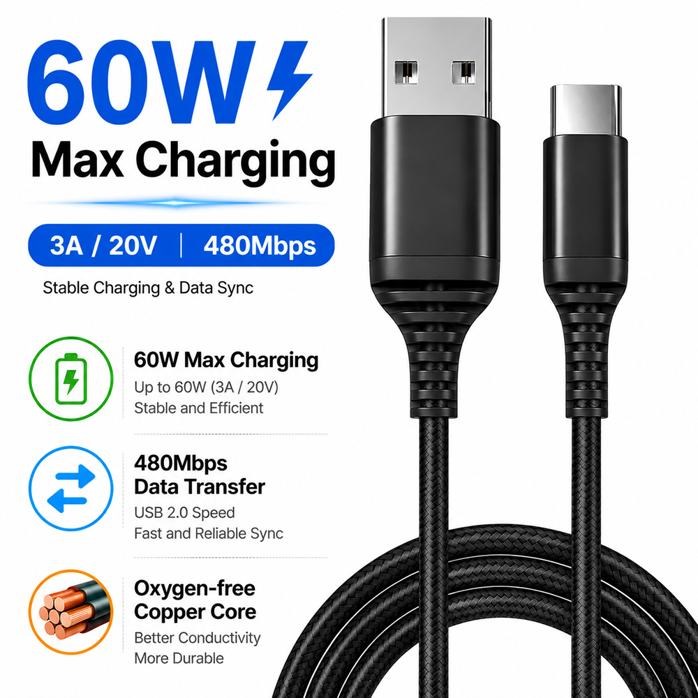 USB-A to USB-C cable supporting up to 60W charging and 480Mbps data transfer