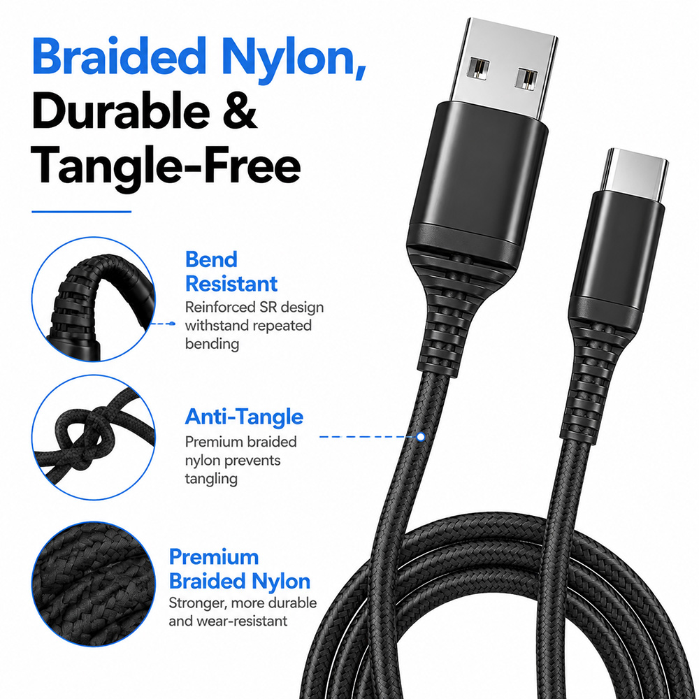 Braided nylon USB-A to USB-C cable designed for durability and tangle-free use