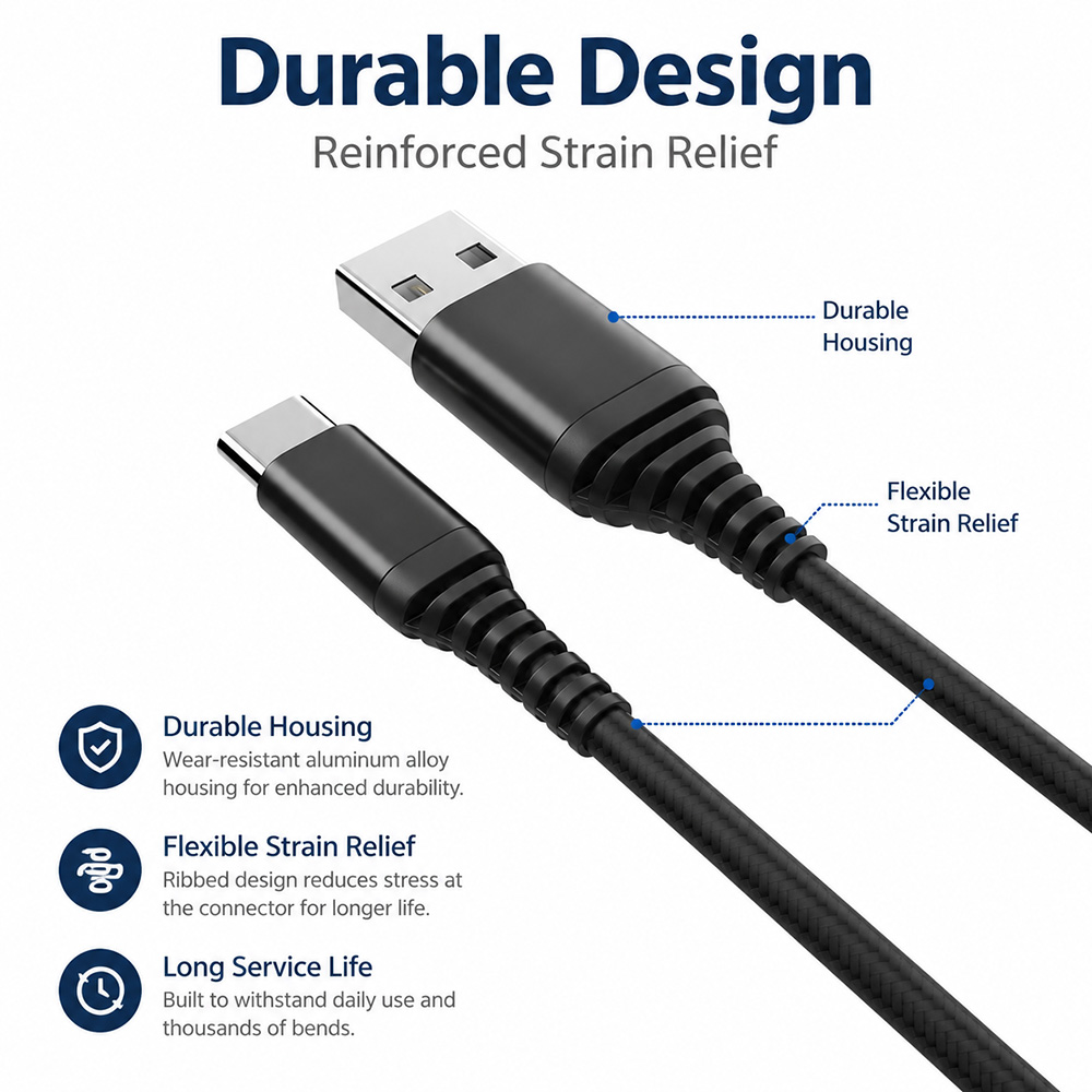 USB-A to USB-C cable featuring reinforced strain relief and durable connector housing