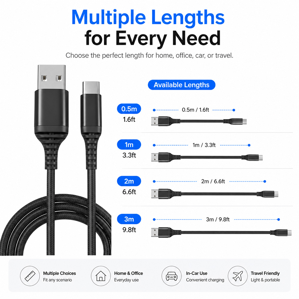 USB-A to USB-C cable available in 0.5m 1m 2m and 3m length options