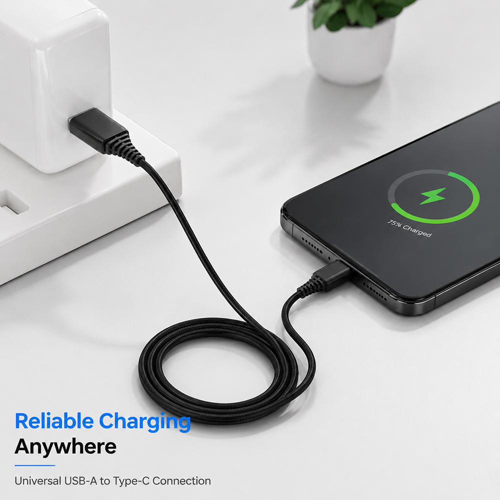 USB-A to USB-C braided cable charging a USB-C smartphone in a modern workspace