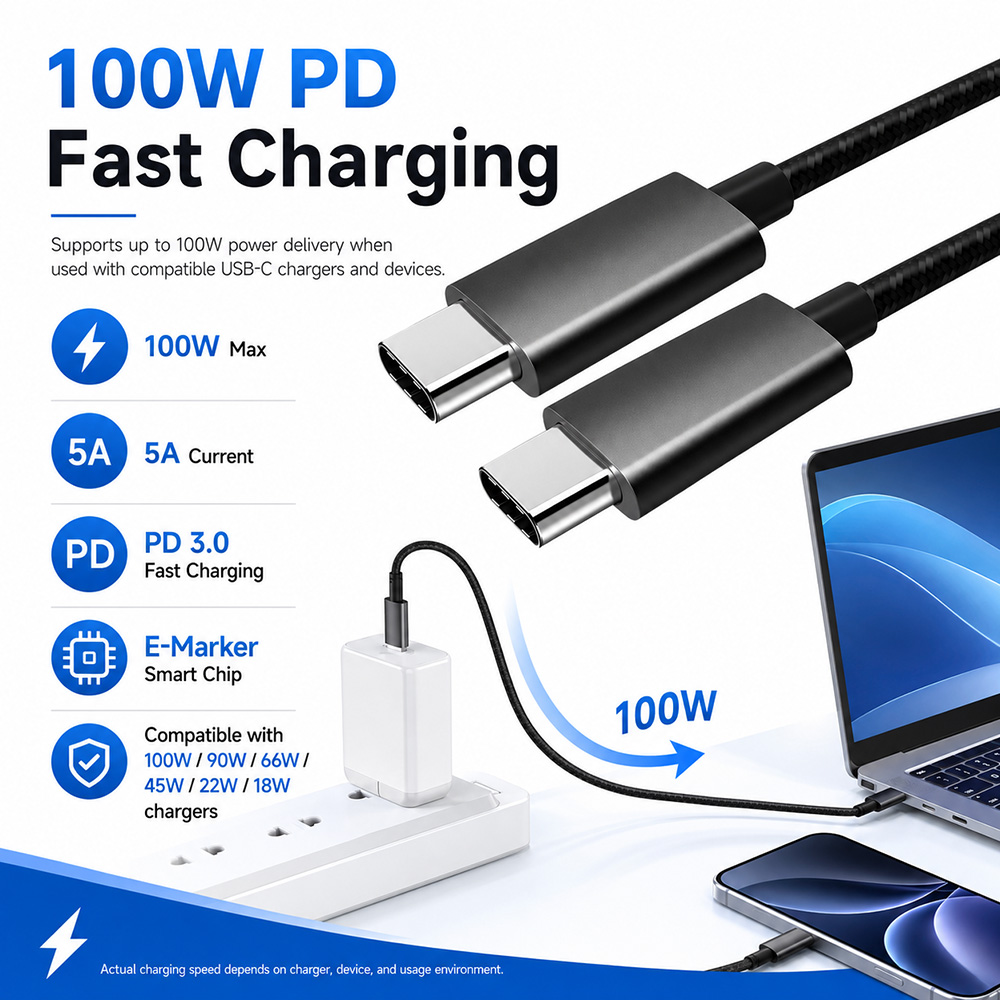 USB-C to USB-C cable supports 100W Power Delivery fast charging with compatible USB-C chargers and devices