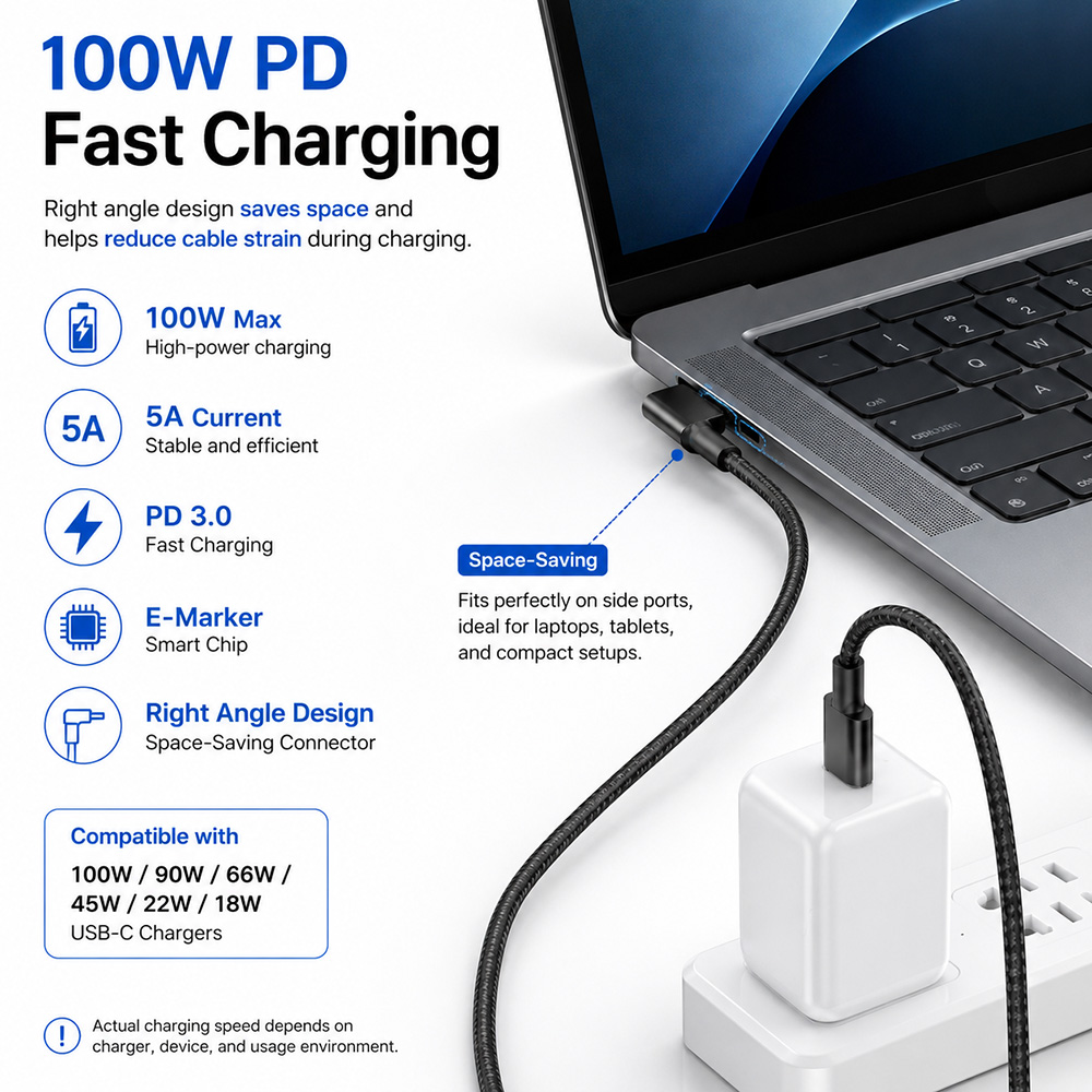Right angle USB-C cable supports 100W Power Delivery fast charging with compatible USB-C chargers and devices
