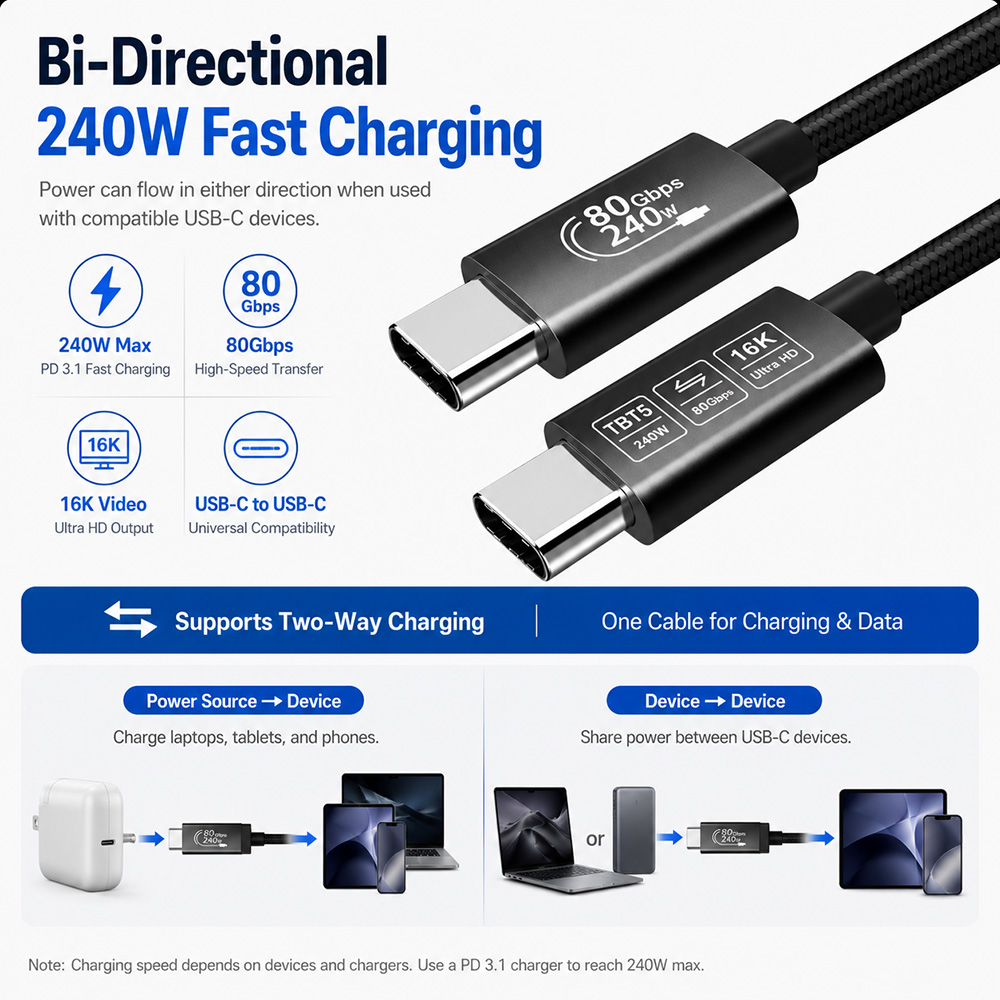 USB-C to USB-C cable supports 240W power delivery and two-way charging with compatible devices