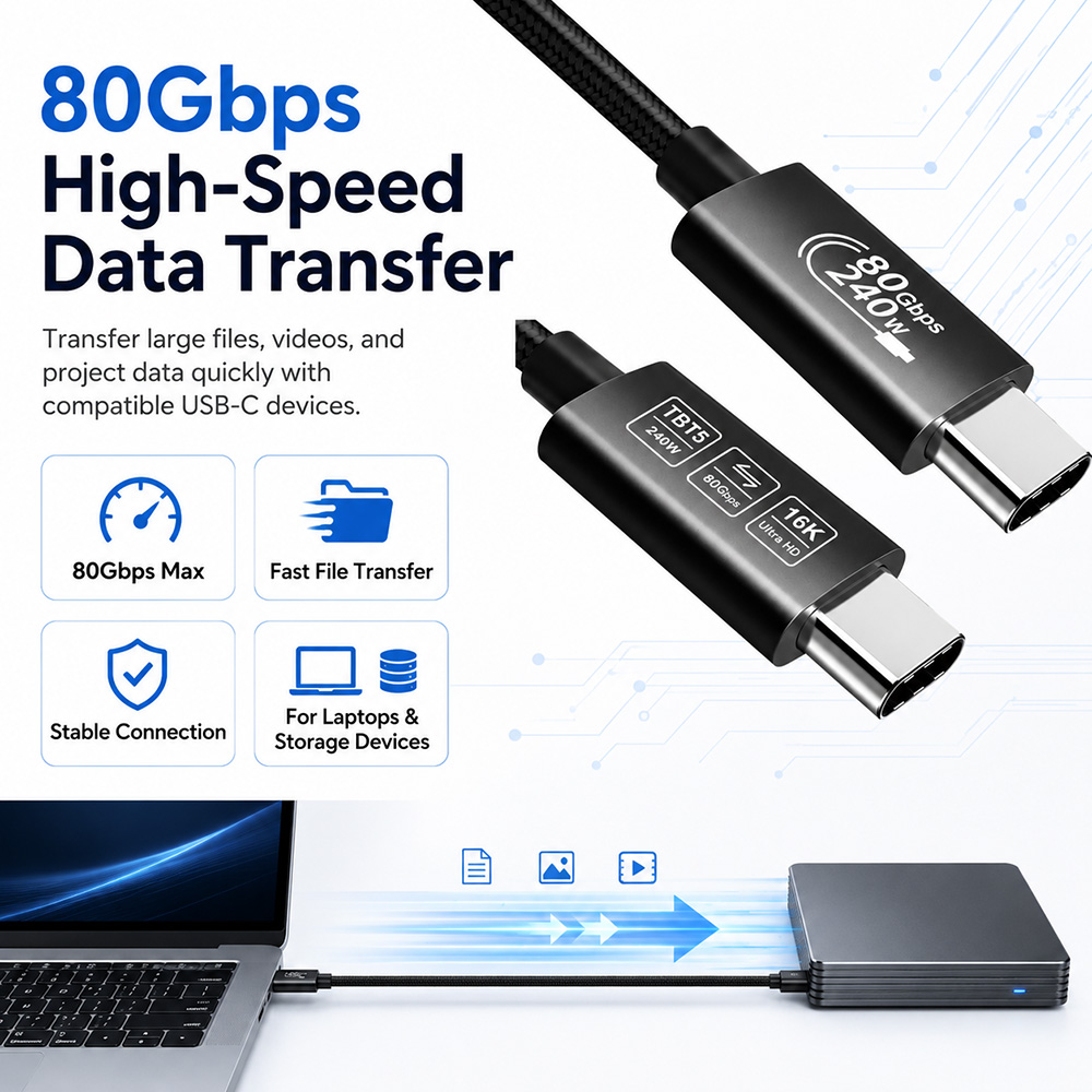 USB-C 80Gbps cable for fast file transfer between laptop and external storage device