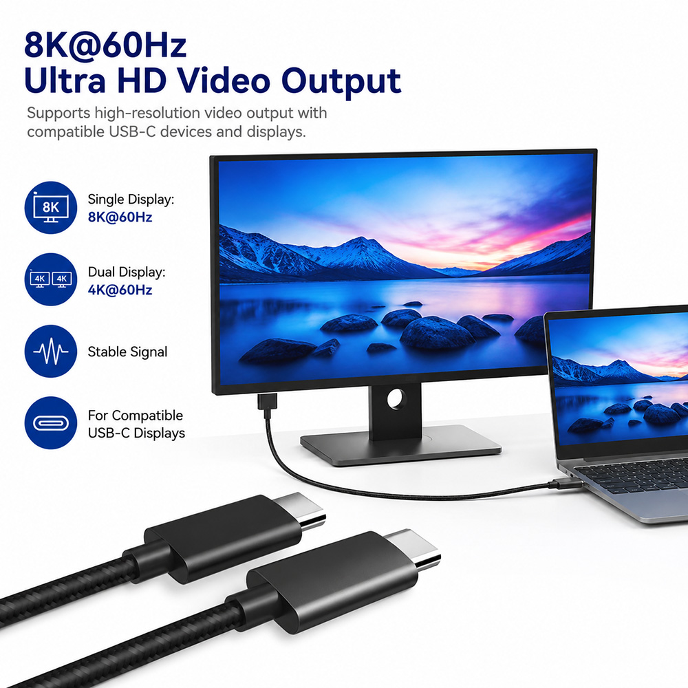 USB-C cable supports 8K 60Hz video output and dual 4K 60Hz display with compatible USB-C devices