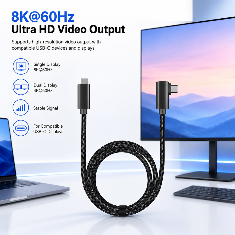 USB-C right angle cable supports 8K 60Hz video output and dual 4K 60Hz display with compatible USB-C devices