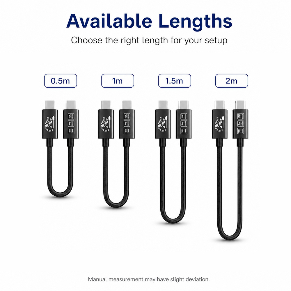 USB-C braided cable available in 0.5m, 1m, 1.5m, and 2m lengths